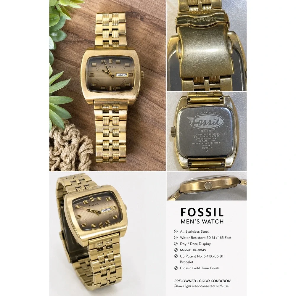 Fossil Mens Watch Gold Tone Stainless Steel Day Date‎ Brown Dial JR-8849 Vintage
